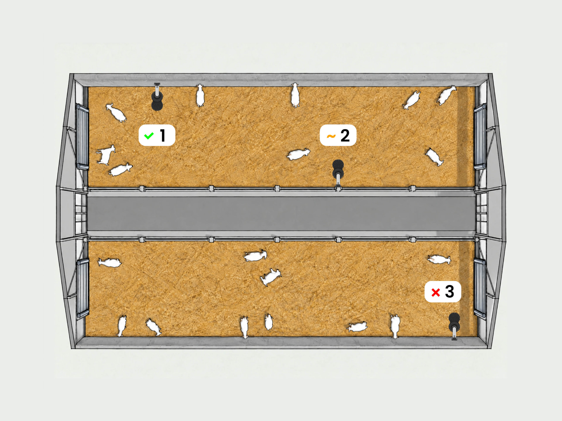 Schematisch bovenaanzicht van een stal met goede en foute borstelplaatsing